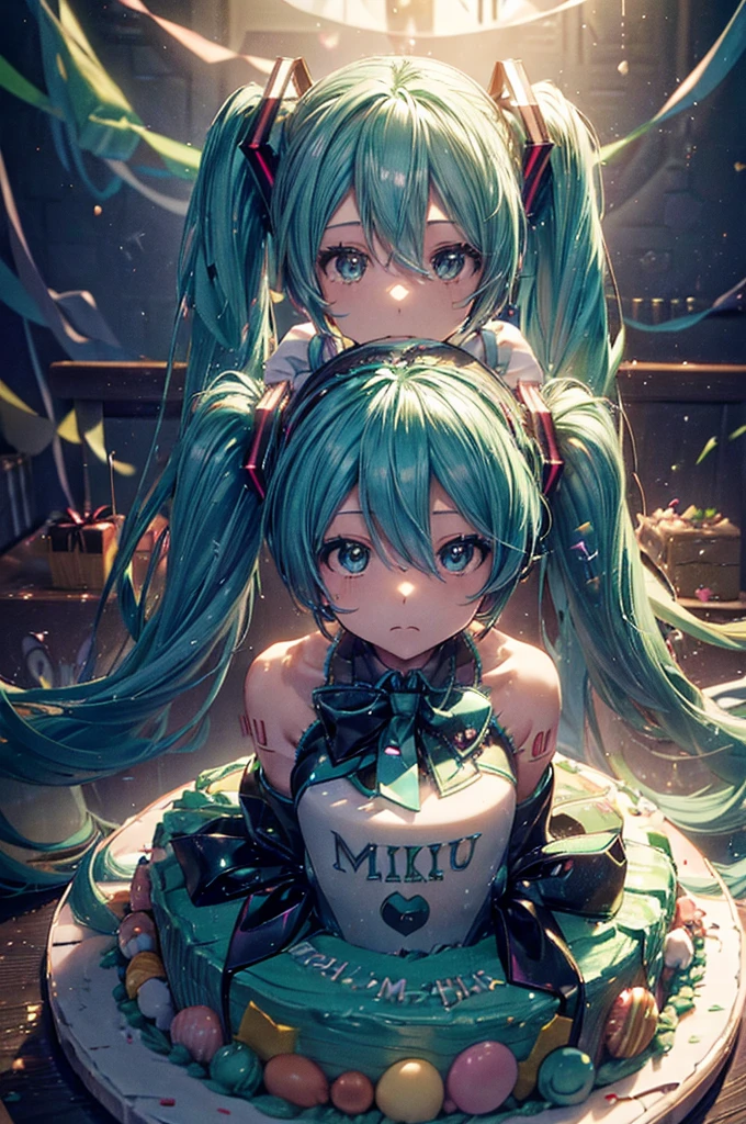 (((Hatsune Miku))、Green Tweetail、The Diva of the Cyber World、(Background birthday party at home))、((Birthday cake on the central table))