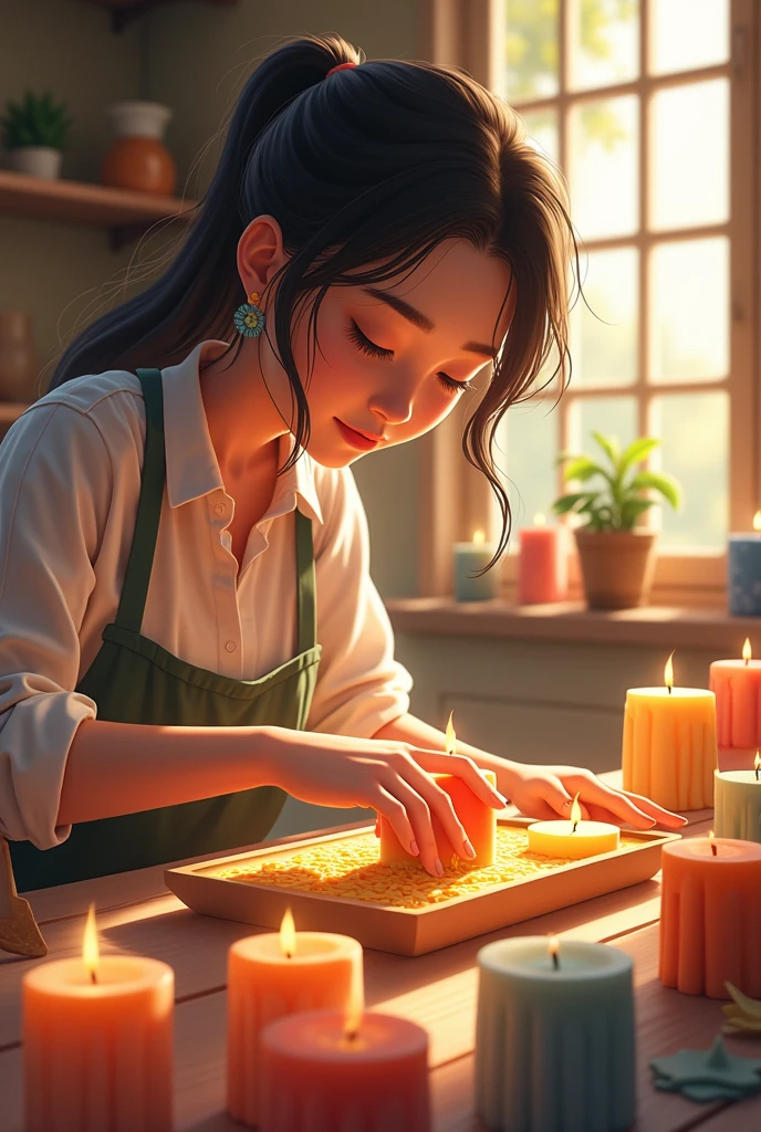 Girl making candles with molds