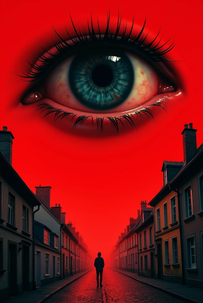 Couverture d'un livre inspiré des films : Nightmare on Elm Street. Le fond de la couverture est rouge. En bas de la couverture, une rue pleine de maisons francaises. Au Au dessus des maisons , un oeil de taille moyenne.