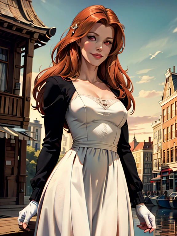 ((masterpiece,best quality)),8k wallpaper,1girl, long hair, red hair, solo, dress, red eyes, looking at viewer, long sleeves, standing, building, white dress, gloves, hair ornament, black jacket, smile, floating hair, dutch angle, closed mouth, looking away, outdoors