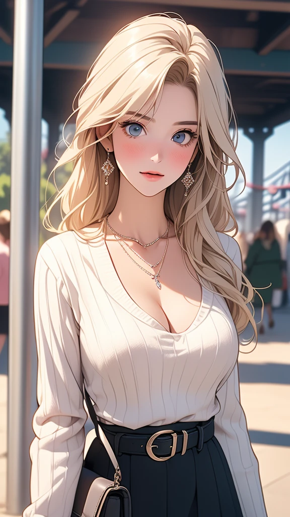 ((masterpiece, highest quality, High resolution, Hmm, RTX, perfect pixel, Depth of the bounds written, 4k, very detailed))), 1 girl, single, alone, beautiful anime girl, beautiful art style, anime character, ((long hair, parted bangs, middle part bangs, blonde hair)), ((blue eyes:1.4, round eyes, beautiful eyelashes, realistic eyes)), ((detailed face, blush:1.2)), ((smooth texture:0.75, realistic texture:0.65, realistic:1.1, Anime CG style, Bright colors)), ((medium breasts, cleavage:0.9, Big breasts)), dynamic angle, perfect body, ((throw, dynamic pose, close)), ((white sweater, long sleeve, black skirt, Women's Belts, Snazzy, single handbag, 1 Diamond Necklace)), open your mouth, embarrassing, amusement park