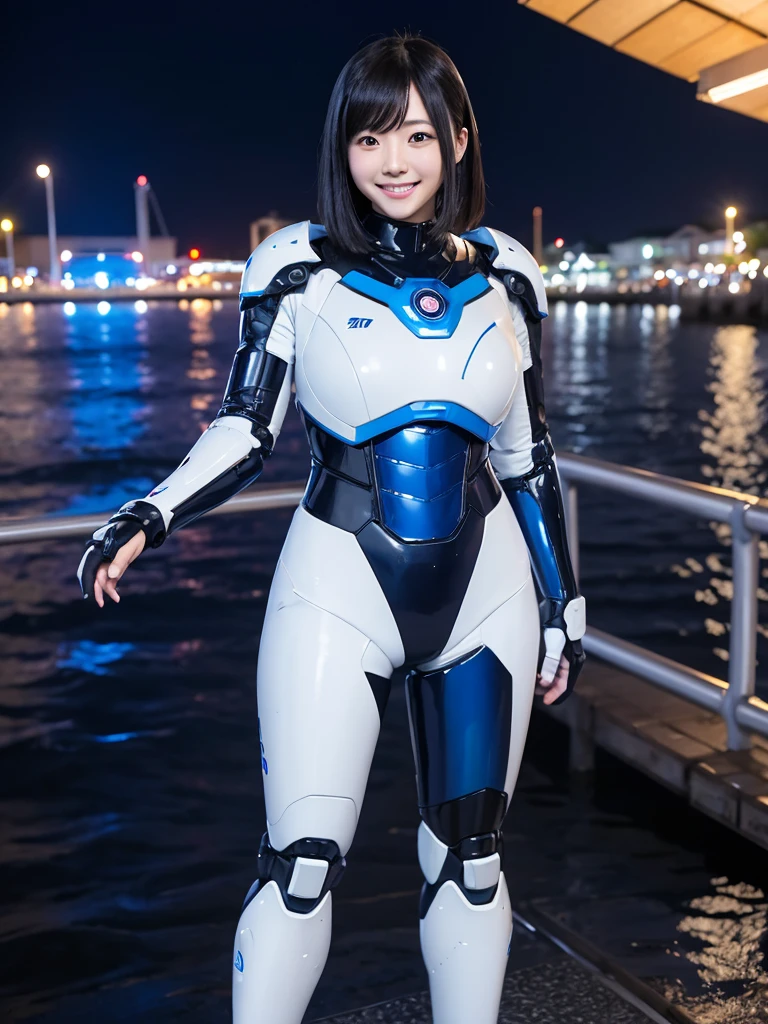 Japanese female android,Black Hair,White and blue robot suit,Plump,Standing on the wharf at night,smile
