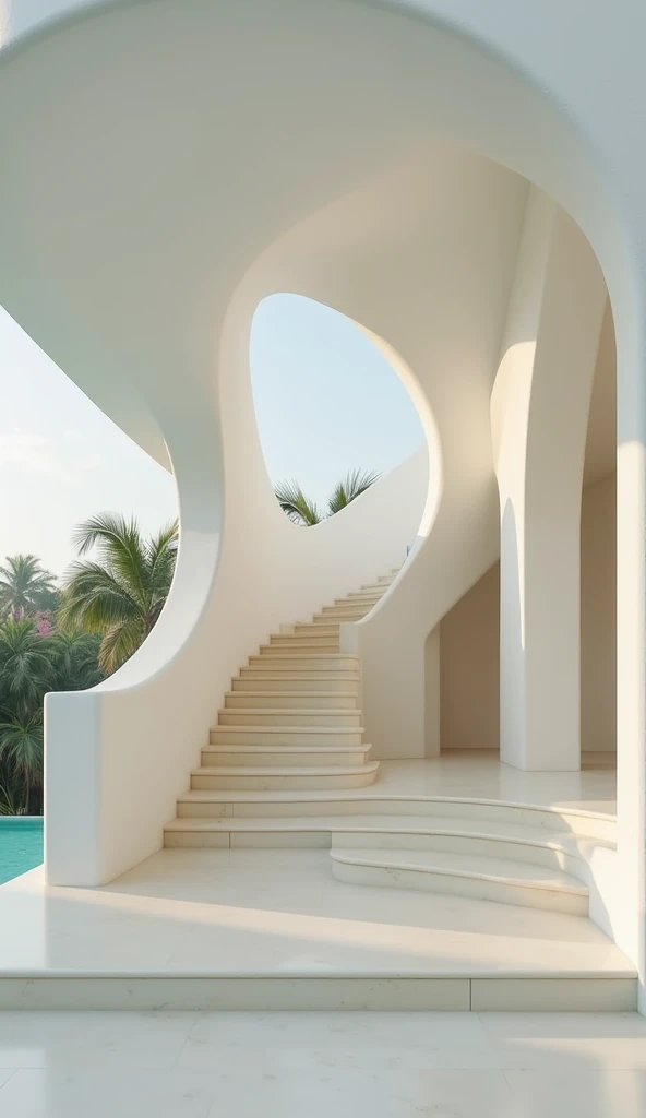 professional photograph of a ball villa,__perspective__, bold lines, hyper detailed, warm natural lighting, cinematic, film grain, laying , bali villa with tropical plants and palm trees in the background, cream stone stairs and cut out archs, (intricate details, masterpiece, best quality:1.4),hyper detailed, bright extensive palette, warm natural lighting, cinematic, film grain, depth of field, (intricate details, masterpiece, best quality:1.4), mesmerizing, dynamic, dramatic, sensual, dynamic pose, highly detailed, bestRay tracing, light