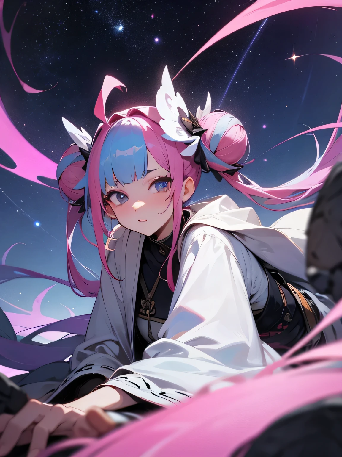 from below:1.2,solo,close up face,upperbody,sexy gal,pink multicolor streaked two side buntwintail,White ancient robe, looking at viewer,(leaning forward:1.3), looking for something, fantastic scenery,starry sky,