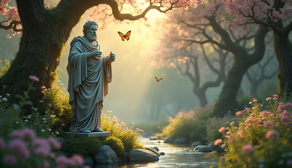 Create a fairytale-like image of a Stoic philosopher Epictetus statue in a magical forest, with flower elements, beautiful morning sunshine
