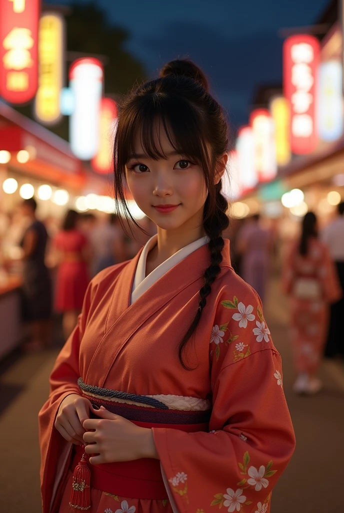 (8k, Realistic, RAW Photos, Highest quality: 1.4, detailed),A Japanese idol-like beautiful girl,1 person,1,(Black Hair),Hair tied up,Large, clear gray eyes,Long eyelashes,(piercings(small)),(Lip gloss),lips(Plump,glossy),thin long neck,Thin and delicate shoulders,(yukata(Traditional Japanese cool dress(Long length,Cotton Fabric))),Thick obi,(She is wearing red-thonged geta sandals on her bare feet.),(In her right hand she is carrying a small purse.),Night Festival,Front view,Looking at the camera and smiling sweetly,(Full body shot portrait: 1.4)