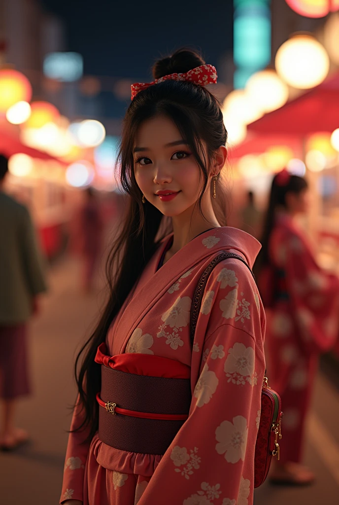 (8k, Realistic, RAW Photos, Highest quality: 1.4, detailed),A Japanese idol-like beautiful girl,1 person,1,(Black Hair),Hair tied up,Large, clear gray eyes,Long eyelashes,(piercings(small)),(Lip gloss),lips(Plump,glossy),thin long neck,Thin and delicate shoulders,(yukata(Traditional Japanese cool dress(Long length,Cotton Fabric))),Thick obi,(She is wearing red-thonged geta sandals on her bare feet.),(In her right hand she is carrying a small purse.),Night Festival,Front view,Looking at the camera and smiling sweetly,(Full body shot portrait: 1.4)