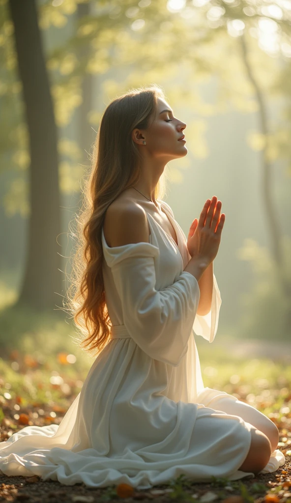 a young beautiful woman with long flowing hair,kneeling in a serene tranquil setting,eyes closed in deep concentration,hands gently clasped together in prayer pose,wearing flowing white gown softly draping over body,peaceful ethereal landscape background,soft glowing light filtering through trees,calm spiritual atmosphere,inner peace devotion,best quality,4k,8k,highres,masterpiece:1.2,ultra-detailed,realistic,photorealistic,photo-realistic:1.37,HDR,UHD,studio lighting,ultra-fine painting,sharp focus,physically-based rendering,extreme detail description,professional,vivid colors,bokeh