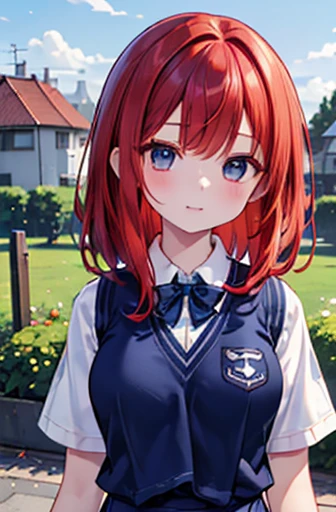 masterpiece、Highest quality、Very detailed、An illustration、Beautiful attention to detail、One Girl、cute、Detailed landscape、Schoolyard background、(Redhead, Medium Hair:1.4)、((D cup breasts, Collared short-sleeved shirt:1.3, A navy blue vest with the school emblem on the chest, Navy blue slacks))