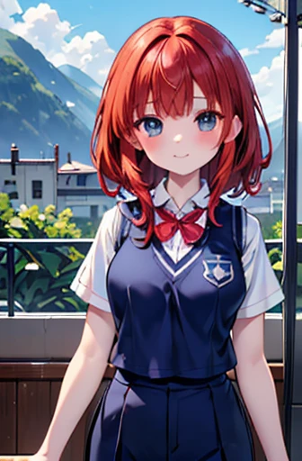 masterpiece、Highest quality、Very detailed、An illustration、Beautiful attention to detail、One Girl、cute、Detailed landscape、Schoolyard background、(Redhead, Medium Hair:1.4)、((D cup breasts, Collared short-sleeved shirt:1.3, A navy blue vest with the school emblem on the chest, Navy blue slacks))