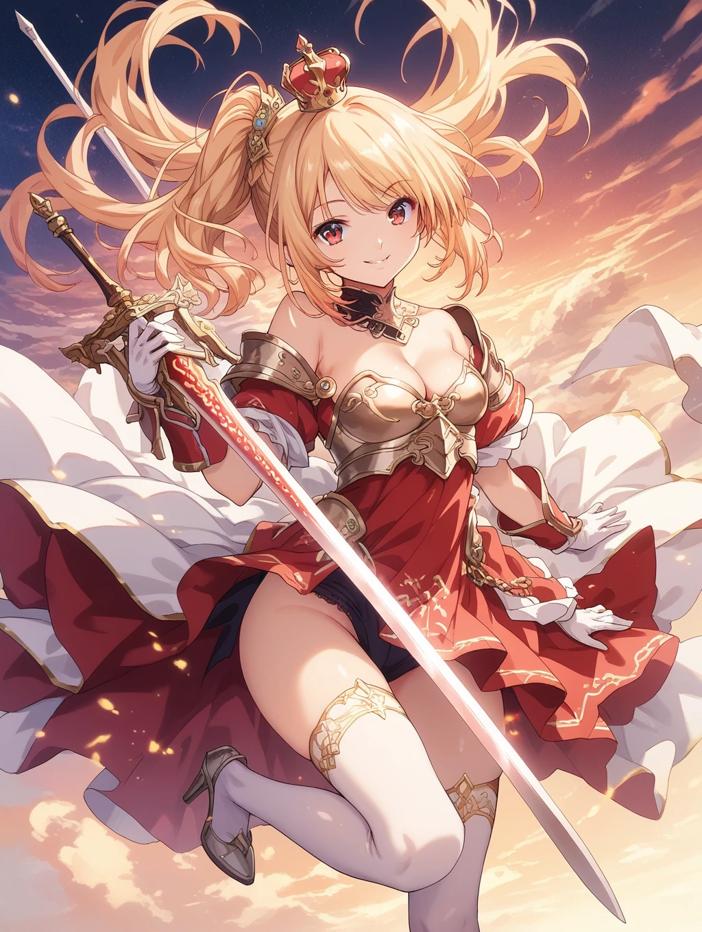 score_9, score_8_up, score_7_up, source_anime,masterpiece, best quality, high resolution, extremely detailed CG, absurdres, 1girl, solo, a girl in armor and a smaill crown holding a large sword, white_armor, golden_decoration, ((red_dress)), off-shoulder, thighhighs, long hair, side_ponytail, blond hair, leg armor, cleavage, small_crown, gloves, armor, white_gloves, high heels, off-shoulder armor, smile, ((ornamental armor)),((large sword))