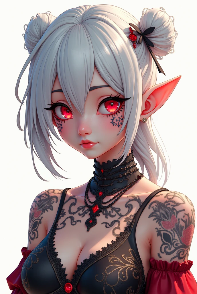 Beautiful young woman with white hair and red eyes, with pale skin and black henna tattoos on her face. Tribal tattoo design on her cheek bones, in the style of a fantasy outfit against a white background. Digital art created in an anime style using an unreal engine. --ar 51:64 8k HDR 3D 16k UHD RAW 