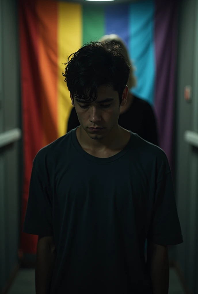 ( highest quality ) generate image of white basement dweller having rainbow flag in background approached by his mother from behind ( front angle ) while crying, change the angle and replace the boy with young adult
