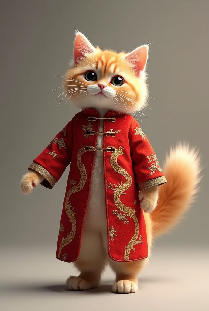 A fluffy Persian cat wearing a classic red qipao with golden dragon motifs. The cat gracefully walks on two legs, showing off the high collar and sleek design, with its tail gently swaying behind.