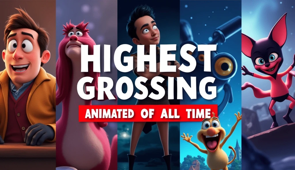 Create a YouTube video thumbnail for Top 5 Animated movies Of all time, picture should images of top 5 animated movies and Add the text HIGHEST GROSSING Animated movies