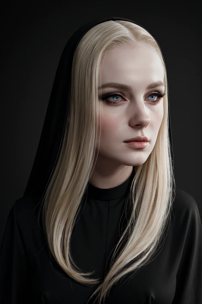 woman pretty, blonde, slicked back ,black nun veil, blonde hair , big breast,, pale skin , wearing italian dress, eyeliner ,foxy eyeliner , makeup ,pale woman painting, beautiful light deep focus, elegant, digital painting, smooth, dramatic lighting , 8k, art , black background,black background, black wallpaper
