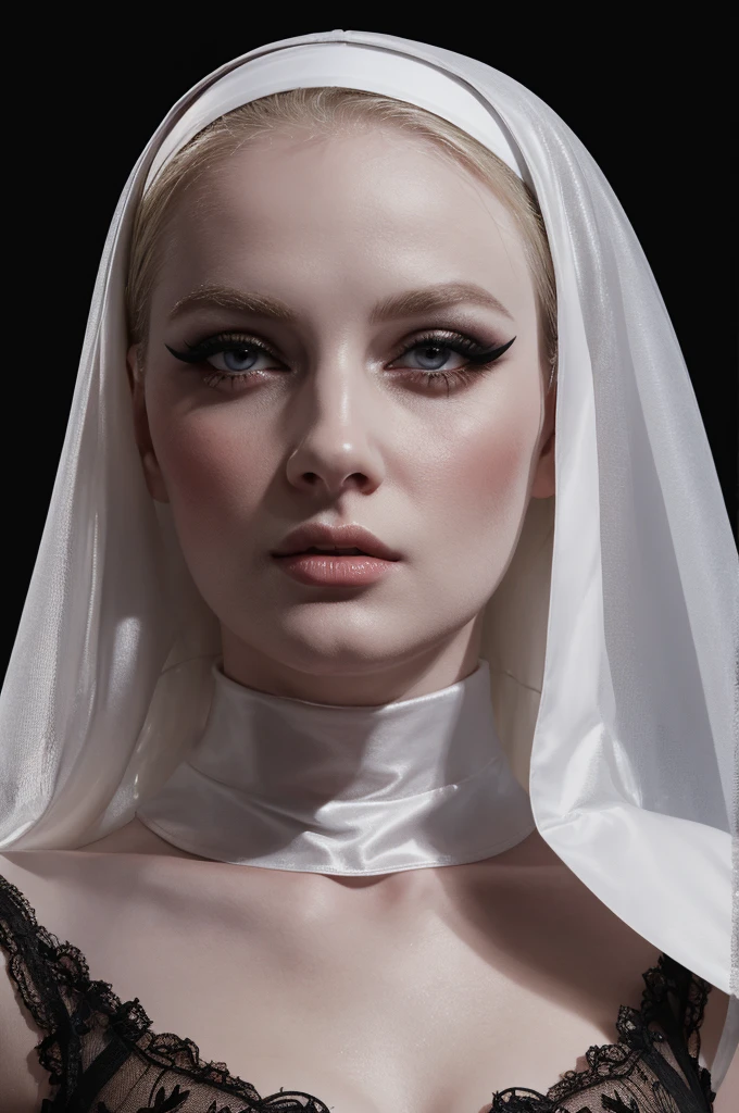 woman pretty, blonde, slicked back ,black nun veil, blonde hair , big breast,, pale skin , wearing italian dress, eyeliner ,foxy eyeliner , makeup ,pale woman painting, beautiful light deep focus, elegant, digital painting, smooth, dramatic lighting , 8k, art , black background,black background, black wallpaper