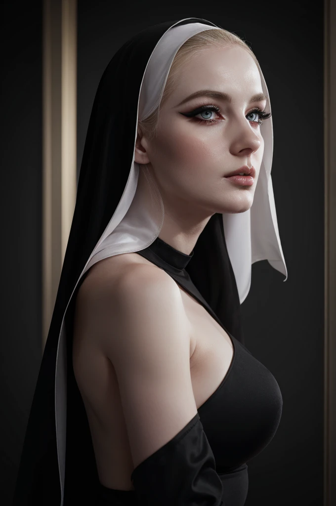 woman pretty, blonde, slicked back ,black nun veil, blonde hair , big breast,, pale skin , wearing italian dress, eyeliner ,foxy eyeliner , makeup ,pale woman painting, beautiful light deep focus, elegant, digital painting, smooth, dramatic lighting , 8k, art , black background,black background, black wallpaper