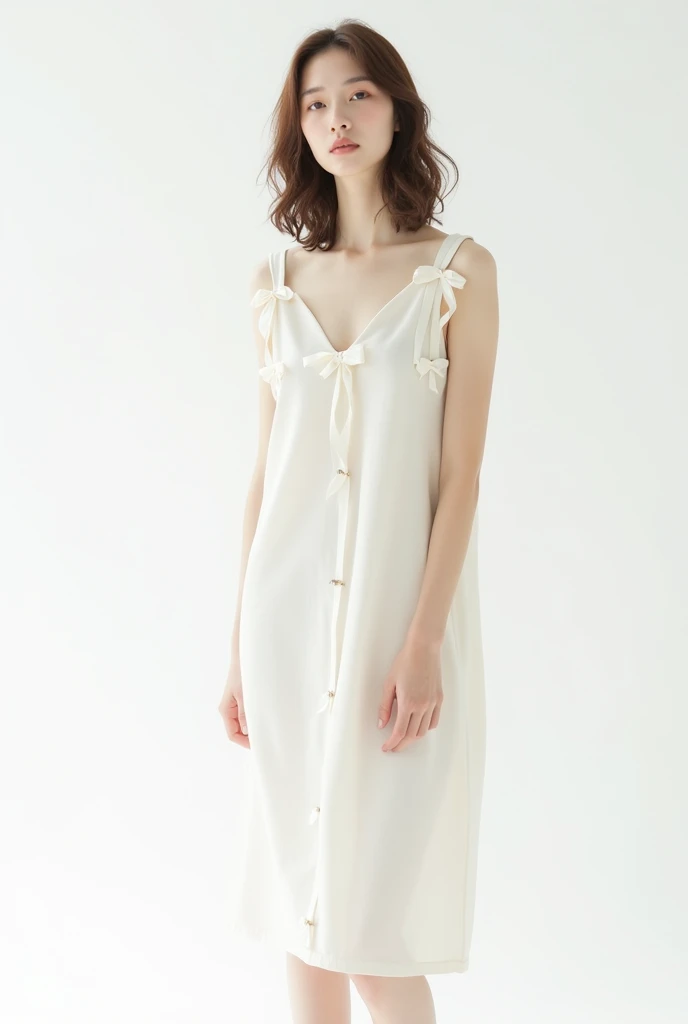 Create an image of a person standing against a plain white background, wearing a white dress adorned with small bow designs. The person has shoulder-length brown hair and is posing with one hand on their waist and the other hand relaxed.