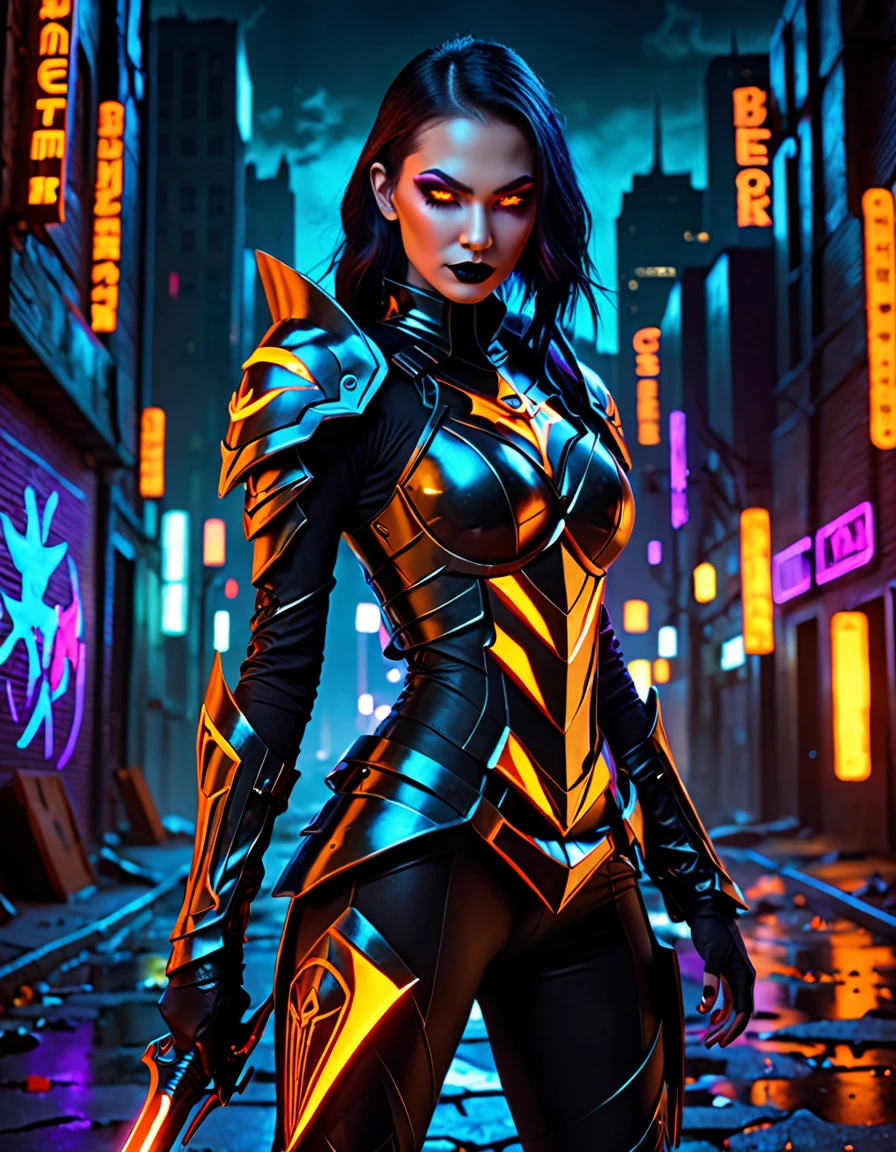 a woman dressed in a costume inspired by a character from a Battleground game, but with a Halloween twist in a futuristic era. She’s clad in sleek, twin swords kept on his back, black armor adorned with neon orange and purple elements that glow faintly in the dark. beauty makeup vampire face, with digital red eyes that pierce through the shadows. On her shoulder, a glowing jack-o'-lantern emblem with a menacing expression adds to the eerie vibe. Her arms are equipped with advanced weaponry, like a plasma rifle accented with bright orange, creating a look that blends Halloween horror with high-tech elements. The background is a dark, mysterious futuristic city, with towering buildings covered in Halloween-themed graffiti, giving a sense of a world filled with chaos and danger.