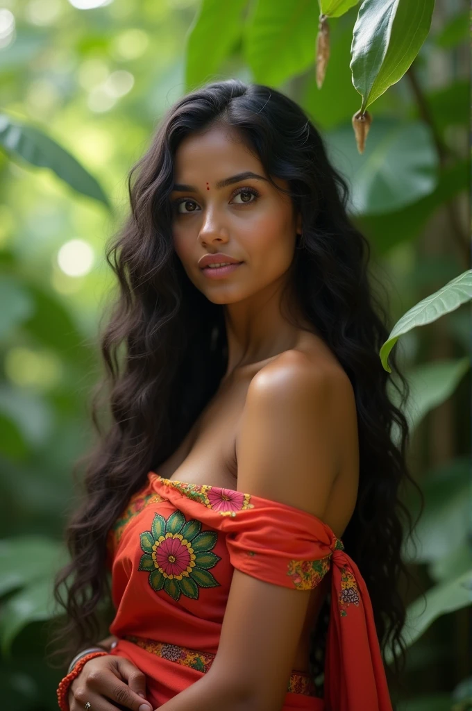 30s Indian woman, fair skin, random color sari, oily body, dense braided long hair, tropical forest, ultra-realistic, realistic, cute, charming, daytime, clean body, medium height, big eyes, sexy, ambient light, perfect anatomy, detailed body and face, 8k in urban India