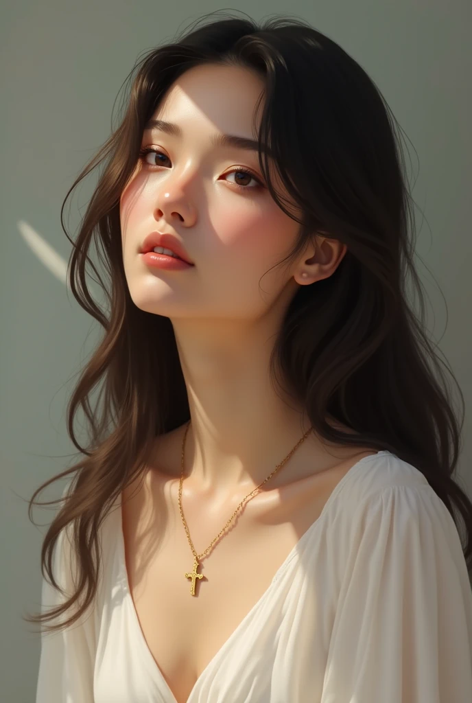 Can you generate a photo calm christian pretty women like she is wearning small gold cross necklace
She is wearing white frock and she has a longe black hair