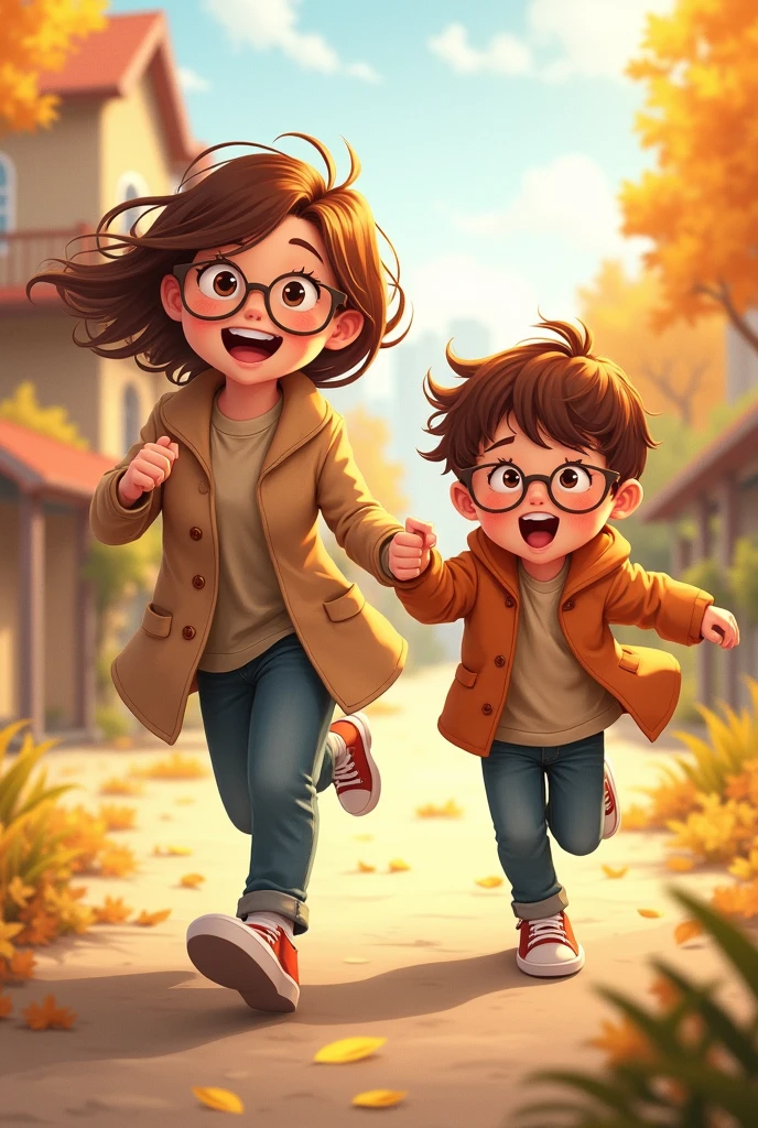 A cheerful young woman with short brown hair, glasses, and a coat, running around with her brother with the same hair color.