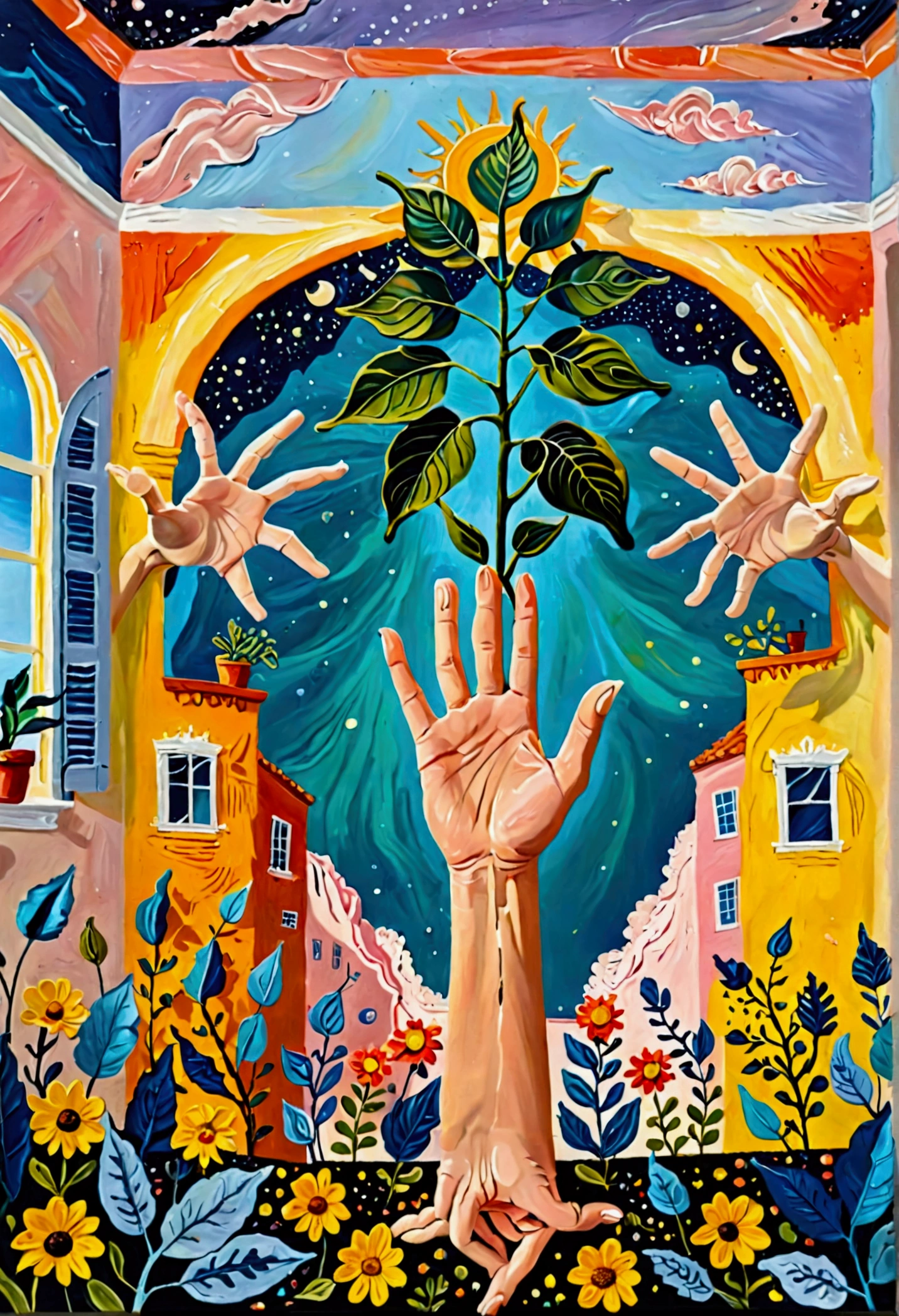 painting of a room with a plant and several hands reaching out of it, surreal painting, surrealistic painting, a surrealist painting, surrealist painting, surrealist artwork, surrealism aesthetic, surreal oil painting, surreal illustration, surrealist art, whimsical surrealism, dreamy painting of coronavirus, surreal art, abstract surrealism masterpiece, abstract surrealism, surrealistic style