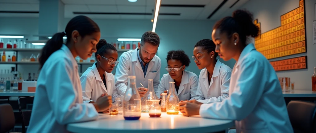 a detailed chemistry laboratory in an Angolan school, highly realistic, 1 male teacher,1 female teacher,3 students, modern equipment, complex chemical experiments, periodic table on the wall, beakers, test tubes, safety goggles, white lab coats, intricate details, HDR, 8K, photorealistic, cinematic lighting, dramatic shadows, warm color tones