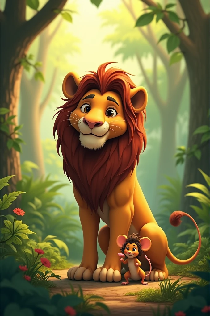 Lion and Mouse Becoming Friends**: The lion and mouse standing together as friends in the jungle. The lion is no longer threatening, and the mouse is comfortable by his side, symbolizing their newfound friendship. The jungle background is peaceful and lush.