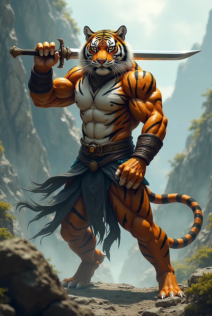 Tiger standing like warrior with a sward