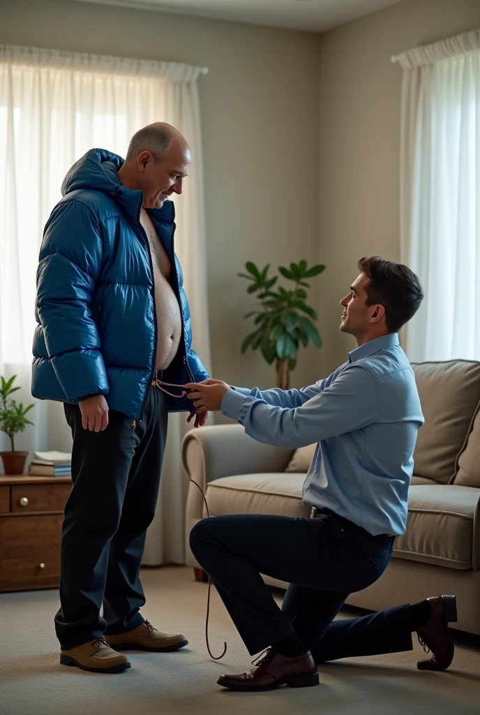 Create a hyper-realistic, RAW, high-resolution image showing two extremely handsome masculine  simple, brightly lit living room. The wonderful and seductive uncle, 42, with short hair and signs of baldness, wears dark pants and an *extremely shiny blue nylon puffer jacket* open that exposes his hairy chest and slightly prominent belly. He is kneeling on the ground, *wearing a collar around his neck*, being pulled by his handsome and domineering nephew, a handsome 28 man with a naturally attractive physique, *dressed in a dress shirt and dress pants*, with a visible posture of dominant next to his wonderful, sensual and submissive uncle. (((The *handsome nephew pulls his uncle's leash with a confident and authoritative expression*, while his uncle, *kneeling*, looks up with a submissive expression))). The room has high natural lighting, with natural and comfortable decoration that enhances the realism of the scene. The image must capture every detail accurately, highlighting the interaction and role contrast between the two men. The *handsome nephew in formal clothes pulls his wonderful and seductive uncle's leash with a confident and authoritative expression*, while his uncle, wearing ONLY a pants and an EXTREMELY SHINY BLUE NYLON PUFFER JACKET, *kneeling*, looks up with a submissive expression. High resolution, Super detail, Best quality, Anatomically correct, Accurate.