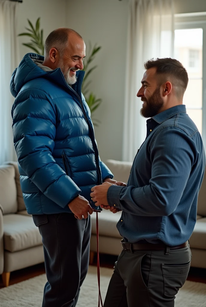 Create a hyper-realistic, RAW, high-resolution image showing two extremely handsome masculine  simple, brightly lit living room. The wonderful and seductive uncle, 42, with short hair and signs of baldness, wears dark pants and an *extremely shiny blue nylon puffer jacket* open that exposes his hairy chest and slightly prominent belly. He is kneeling on the ground, *wearing a collar around his neck*, being pulled by his handsome and domineering nephew, a handsome 28 man with a naturally attractive physique, *dressed in a dress shirt and dress pants*, with a visible posture of dominant next to his wonderful, sensual and submissive uncle. (((The *handsome nephew pulls his uncle's leash with a confident and authoritative expression*, while his uncle, *kneeling*, looks up with a submissive expression))). The room has high natural lighting, with natural and comfortable decoration that enhances the realism of the scene. The image must capture every detail accurately, highlighting the interaction and role contrast between the two men. The *handsome nephew in formal clothes pulls his wonderful and seductive uncle's leash with a confident and authoritative expression*, while his uncle, wearing ONLY a pants and an EXTREMELY SHINY BLUE NYLON PUFFER JACKET, *kneeling*, looks up with a submissive expression. High resolution, Super detail, Best quality, Anatomically correct, Accurate.