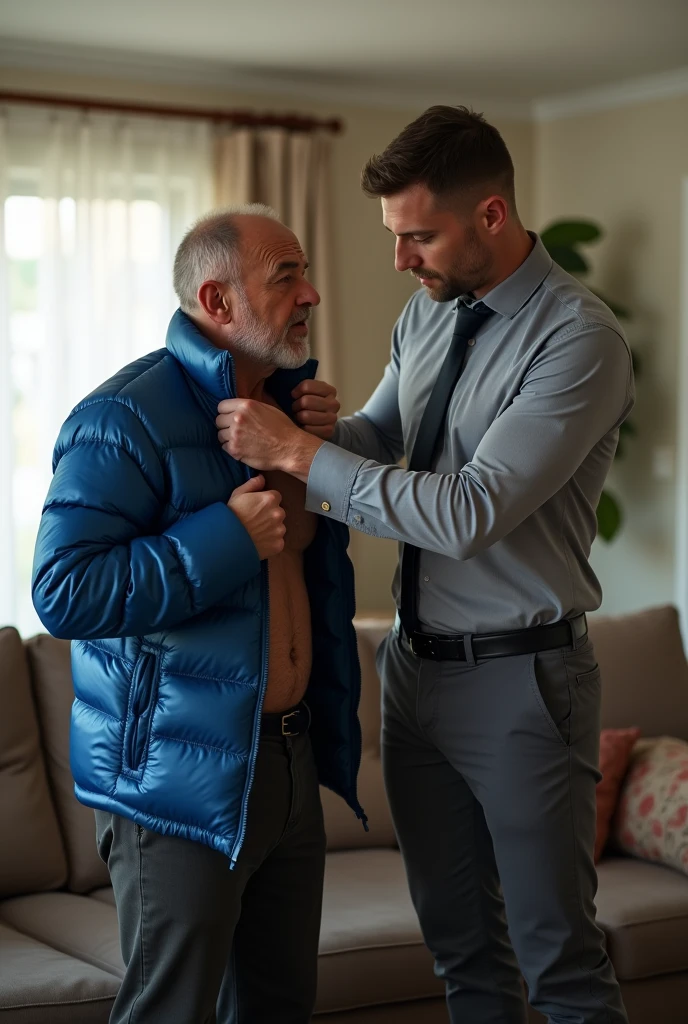 Create a hyper-realistic, high-resolution image showing two extremely handsome brightly lit living room. The wonderful and seductive uncle, aged 42, with short hair beginning to show signs of balding, is wearing dark pants and an open, *extremely shiny blue nylon puffer jacket* that exposes his slightly hairy chest and slightly prominent belly. He is kneeling on the floor, *wearing a collar around his neck*, being pulled by his gorgeous dominnering nephew, a 26 yo man with a naturally attractive physique, dressed in a formal shirt and casual pants, stands next to his wonderful submissive uncle. (((The *nephew pulls the collar with a confident and authoritative expression*, while the uncle, *kneeling*, looks up with a submissive expression))). The living room is natural high iluminate, with normal, comfortable decor that enhances the realism of the scene. The image should capture every detail with precision, emphasizing the interaction and contrast of roles between the two men with natural high ilumination highliging the realistic males man. High resolution, Super detail, Best quality, Anatomically correct, Accurate.