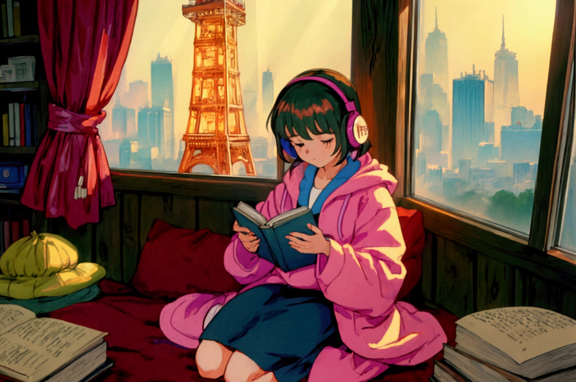 Highest quality, 4K wallpaper, masterpiece, Very detailed CG ユニティ 8k 壁紙, Very fine grain, Very detailed, Intricate details, One girl, Retro art style,A girl reading a book by the window on a rainy day、Wrapped in warm light、Pop Art Style, Tokyo Tower、Girl wearing a hoodie、Girl with headphones around her neck、Girl wearing skirt、Shortcuts、Chill、Chill、Emotional、emotional