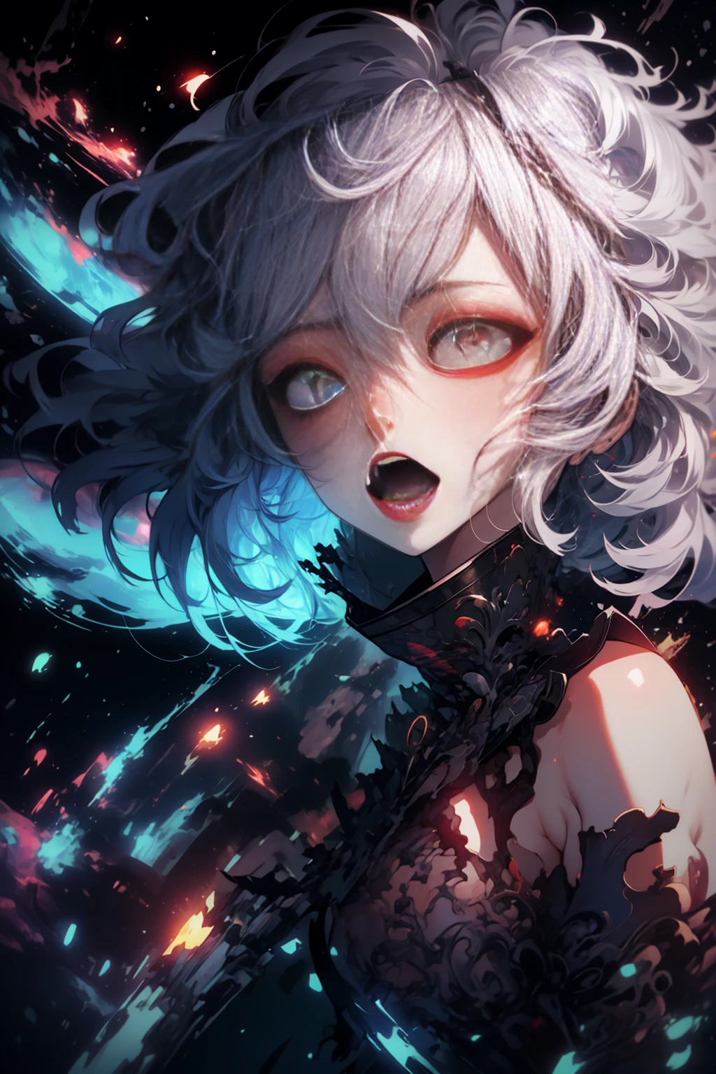 (masterpiece, highest quality, high resolution, official art, beautiful and aesthetic: 1.2), cute, highly detailed, abstract: 1.4, (silver hair: 1.1), dilated pupils, singing while playing electric guitar, singing with mouth wide open, portrait, death metal band.