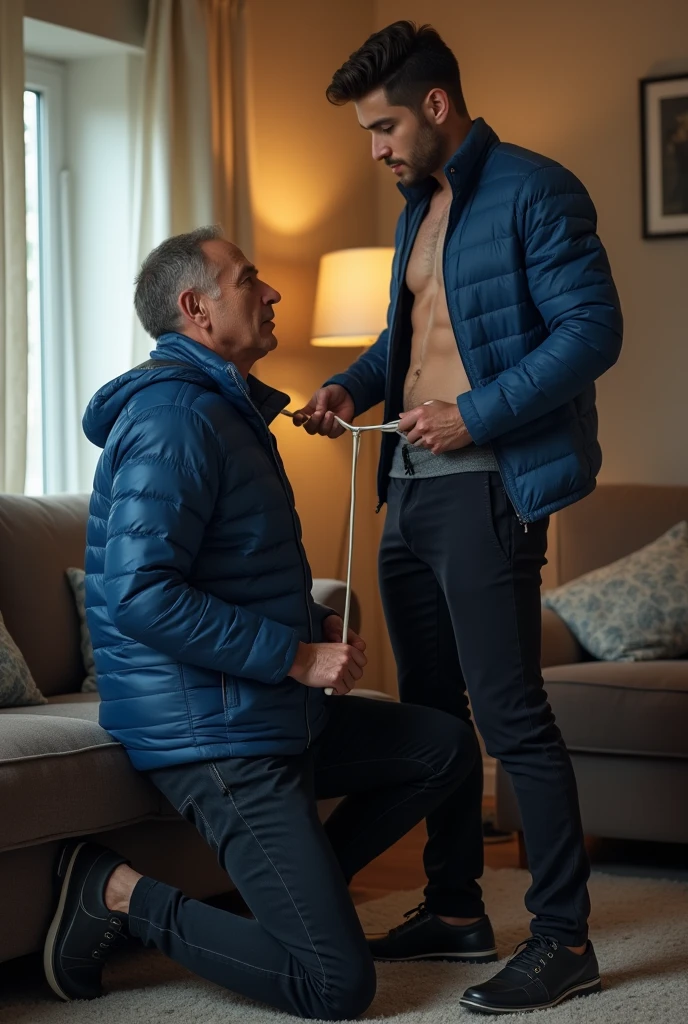 Create a hyper-realistic, males gay man BDSM image, high-resolution image showing two extremely handsome  brightly lit living room. The wonderful and seductive uncle, aged 42, with short hair beginning to show signs of balding, is wearing dark pants and an open, *extremely shiny blue nylon puffer jacket* that exposes his slightly hairy chest and slightly prominent belly. He is kneeling on the floor, *wearing a collar around his neck*, being pulled by his gorgeous dominnering nephew, a 26 yo man with a naturally attractive physique, dressed in a formal shirt and casual pants, stands next to his wonderful submissive uncle. (((The *nephew pulls the collar with a confident and authoritative expression*, while the uncle, *kneeling*, looks up with a submissive expression))). The living room is natural high iluminate, with normal, comfortable decor that enhances the realism of the scene. The image should capture every detail with precision, emphasizing the interaction and contrast of roles between the two men with natural high ilumination highliging the realistic gay males man BDSM image. High resolution, Super detail, Best quality, Anatomically correct, Accurate.