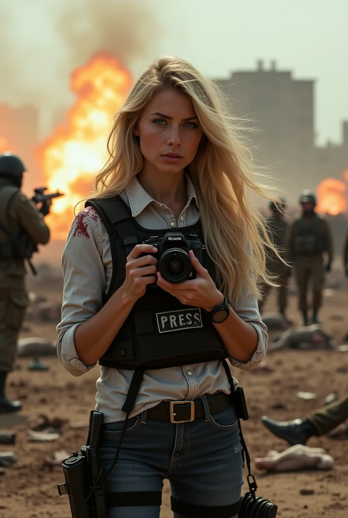 Blonde woman, press photographer with a camera with a telephoto lens no weapon on her, bulletproof vest written PRESS on it, blood on her clothes, war scene around her with explosions and whistling bullets, bodies on the ground, soldiers with weapons around her
