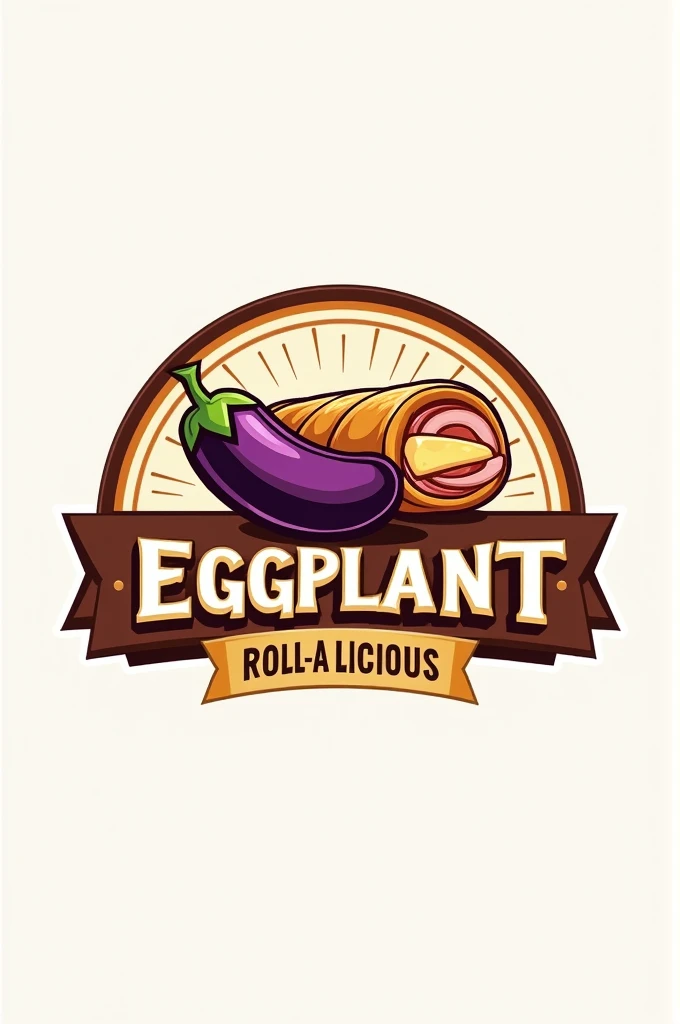logo that is eggplant roll with cheese and ham. the name is Eggplant Roll-a-licious