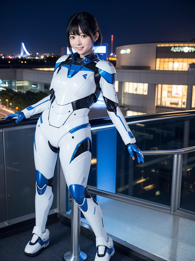 Japanese female android,Black Hair,White and blue robot suit,Plump,Standing on the airport observation deck at night,smile