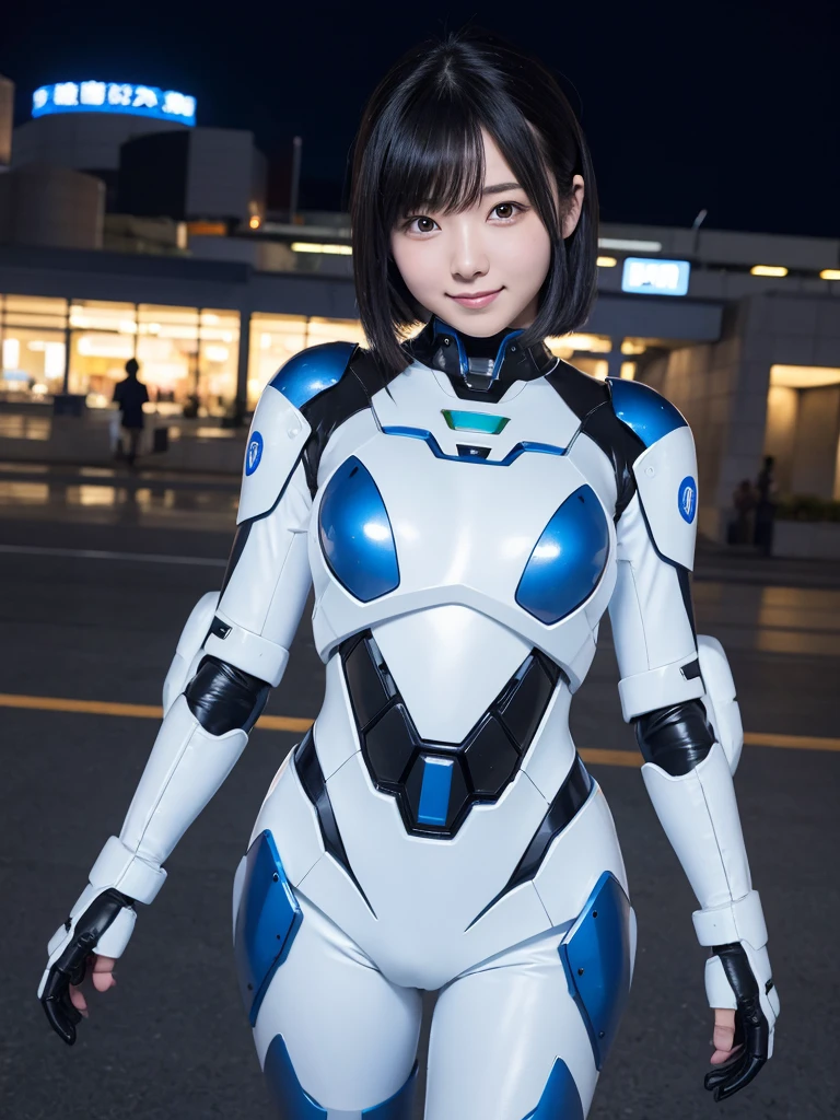 Japanese female android,Black Hair,White and blue robot suit,Plump,Standing on the airport observation deck at night,smile