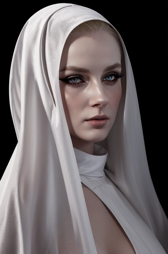 woman pretty, blonde, slicked back ,black nun veil, blonde hair , big breast,, pale skin , wearing italian dress, eyeliner ,foxy eyeliner , makeup ,pale woman painting, beautiful light deep focus, elegant, digital painting, smooth, dramatic lighting , 8k, art , black background,black background, black wallpaper