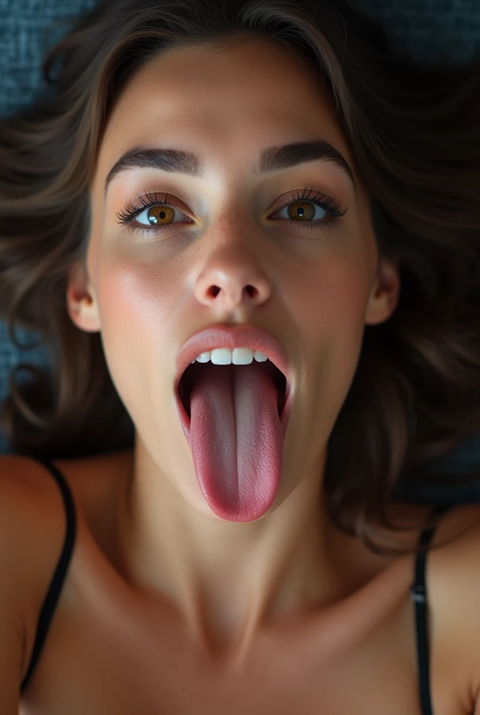 face of model Victoria's secret with mouth wide open, long tongue, Delicate eyes, nose, and lips, Wearing professional attire, Sitting in her office, Use her, pk (best quality,4K,8K,high resolution,masterpiece:1.2),Extremely detailed,(Practical,photoPractical,photo-Practical:1.37),HDR,Studio Lighting,Extremely detailed face,top down POV on the sitting on the floor with her mouth open, ahegao, drooling ,spit in her face , naked, topless, bimbo lips,