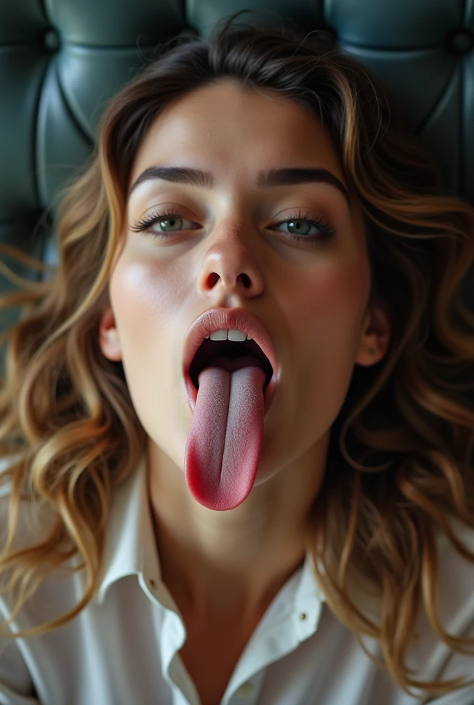 face of model Victoria's secret with mouth wide open, long tongue, Delicate eyes, nose, and lips, Wearing professional attire, Sitting in her office, Use her, pk (best quality,4K,8K,high resolution,masterpiece:1.2),Extremely detailed,(Practical,photoPractical,photo-Practical:1.37),HDR,Studio Lighting,Extremely detailed face,top down POV on the sitting on the floor with her mouth open, ahegao, drooling ,spit in her face , naked, topless, bimbo lips,