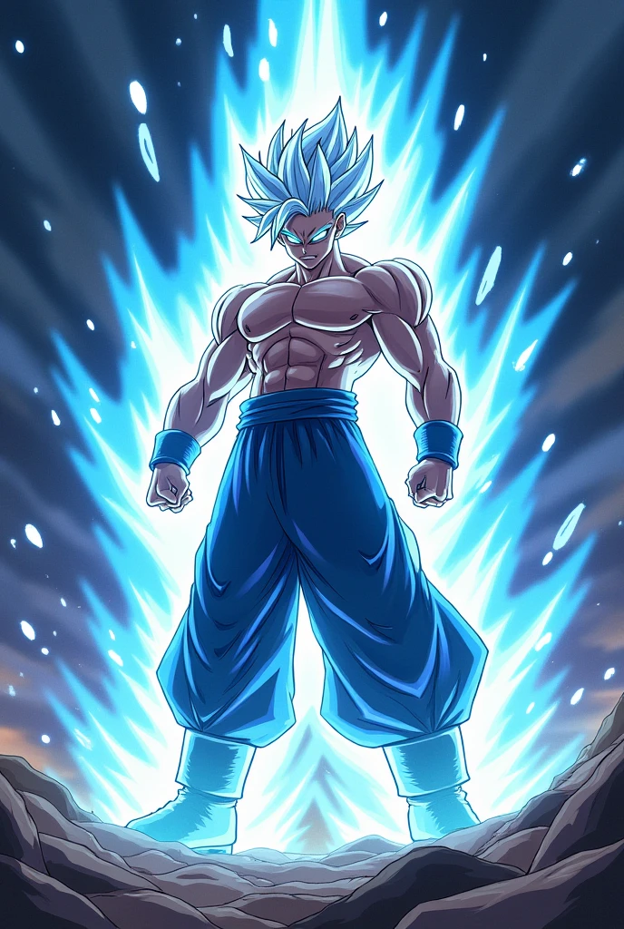 "Create a highly detailed illustration of a powerful anime warrior with spiky white hair glowing with energy, intense glowing blue eyes, and a muscular build. The character stands in a battle-ready stance, surrounded by a vibrant aura of blue and white light, with dynamic energy waves emanating from their body. The background should feature an abstract, cosmic environment, filled with light flares and energy streaks, emphasizing the character's immense power and determination."