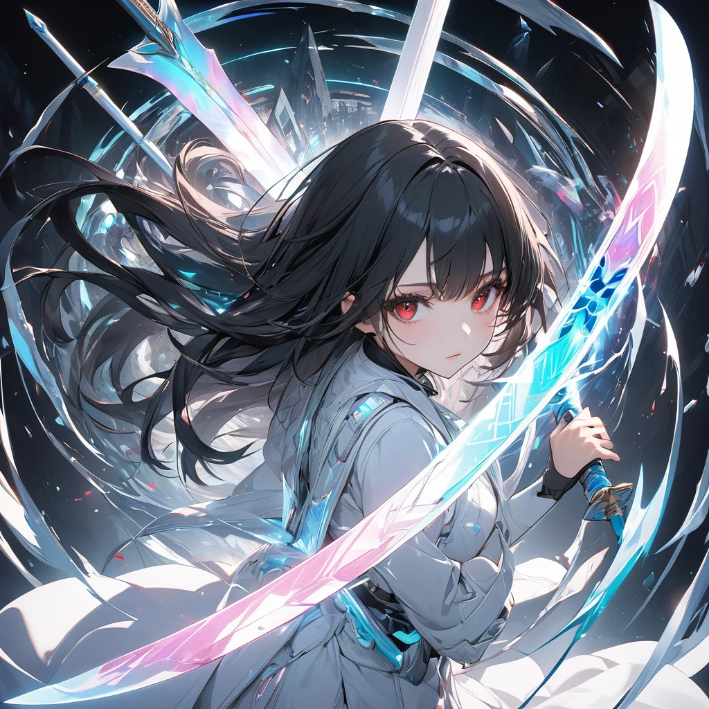 Highest quality, wonderful_delicate, wonderful delicate eyes, Super detailed, beautiful, 8k , One girl, Red eyes, evil, Facial Contour, Create Ultra High Resolution, Masterpiece quality image with white theme, Featuring a cute anime girl with long black hair in a cool pose, Attack with a high-tech sword. In this scene、A number of holographic swords appear to be floating in a circle..。, Each one has countless intricate parts, Set in a predominantly white cyberpunk environment. The scene is enriched with holographic elements and light particles.., Emphasizing futuristic and fantastical aesthetics. The image is、Capturing the essence of purity and sophistication with the finest quality and beauty, An ultra-detailed display of a girl and her holographic sword, Super-resolution visuals that highlight the intricate details of a scene.