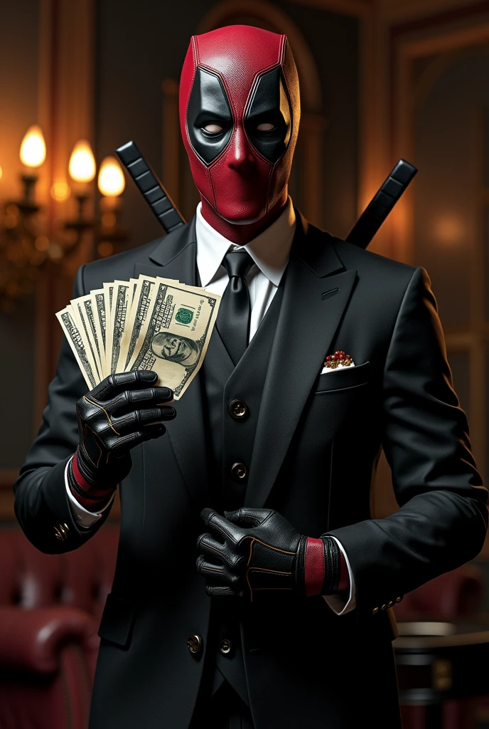Deadpool in a full-body shot, wearing a sleek black mask with golden veins, stylish hair, and a sharp black suit. He's holding a stack of cash in his hand, surrounded by a dark and luxurious background. The image should have a vibe of wealth and extravagance."