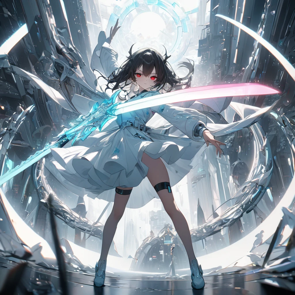 Highest quality, wonderful_delicate, wonderful delicate eyes, Super detailed, beautiful, 8k , One girl, Red eyes, evil, Facial Contour, Create Ultra High Resolution, Masterpiece quality image with white theme, Featuring a cute anime girl with long black hair in a cool pose, Attack with a high-tech sword. In this scene、A number of holographic swords appear to be floating in a circle..。, Each one has countless intricate parts, Set in a predominantly white cyberpunk environment. The scene is enriched with holographic elements and light particles.., Emphasizing futuristic and fantastical aesthetics. The image is、Capturing the essence of purity and sophistication with the finest quality and beauty, An ultra-detailed display of a girl and her holographic sword, Super-resolution visuals that highlight the intricate details of a scene.
