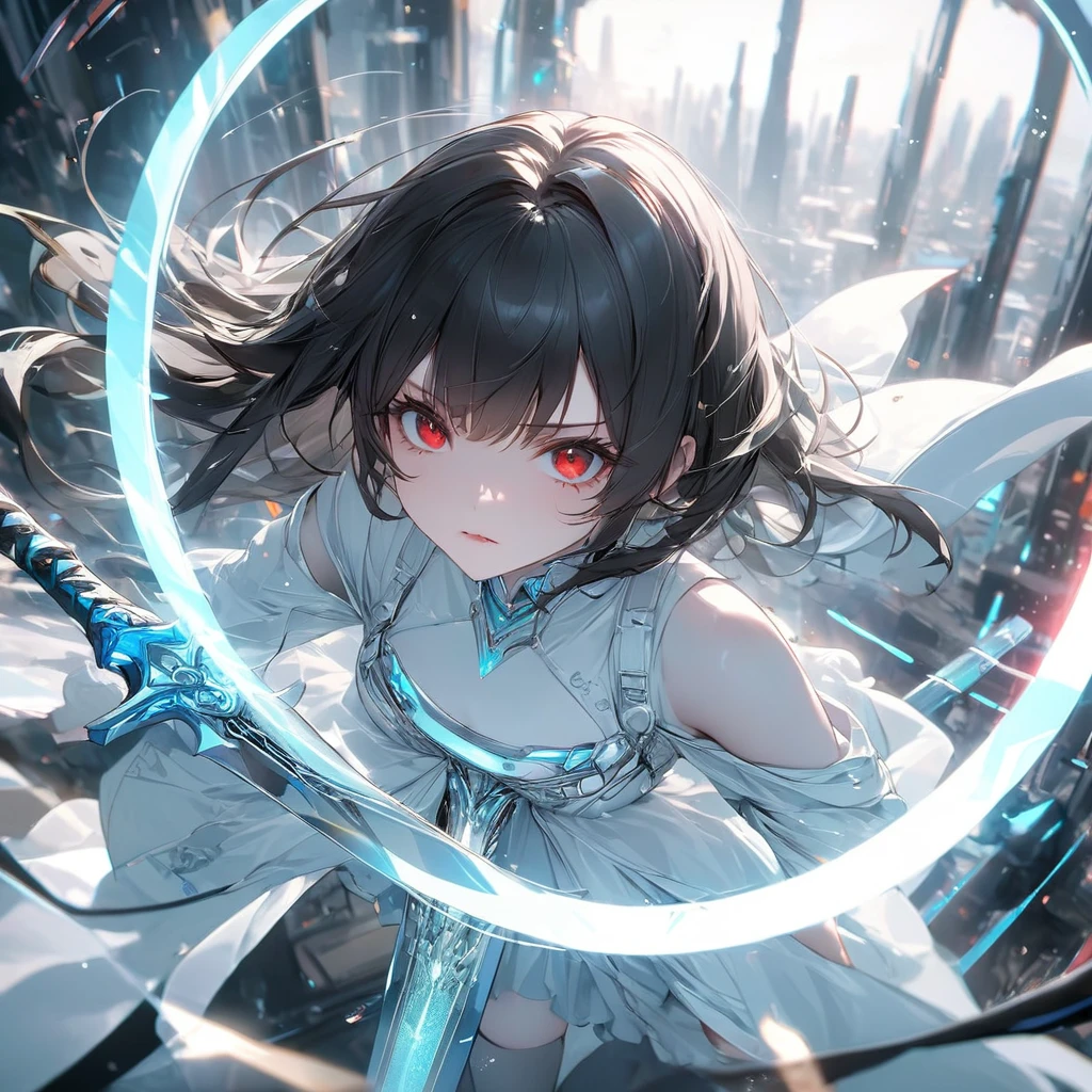 Highest quality, wonderful_delicate, wonderful delicate eyes, Super detailed, beautiful, 8k , One girl, Red eyes, evil, Facial Contour, Create Ultra High Resolution, Masterpiece quality image with white theme, Featuring a cute anime girl with long black hair in a cool pose, Attack with a high-tech sword. In this scene、A number of holographic swords appear to be floating in a circle..。, Each one has countless intricate parts, Set in a predominantly white cyberpunk environment. The scene is enriched with holographic elements and light particles.., Emphasizing futuristic and fantastical aesthetics. The image is、Capturing the essence of purity and sophistication with the finest quality and beauty, An ultra-detailed display of a girl and her holographic sword, Super-resolution visuals that highlight the intricate details of a scene.