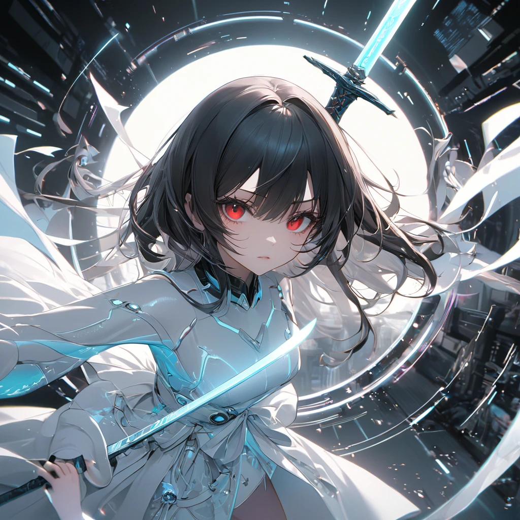Highest quality, wonderful_delicate, wonderful delicate eyes, Super detailed, beautiful, 8k , One girl, Red eyes, evil, Facial Contour, Create Ultra High Resolution, Masterpiece quality image with white theme, Featuring a cute anime girl with long black hair in a cool pose, Attack with a high-tech sword. In this scene、A number of holographic swords appear to be floating in a circle..。, Each one has countless intricate parts, Set in a predominantly white cyberpunk environment. The scene is enriched with holographic elements and light particles.., Emphasizing futuristic and fantastical aesthetics. The image is、Capturing the essence of purity and sophistication with the finest quality and beauty, An ultra-detailed display of a girl and her holographic sword, Super-resolution visuals that highlight the intricate details of a scene.